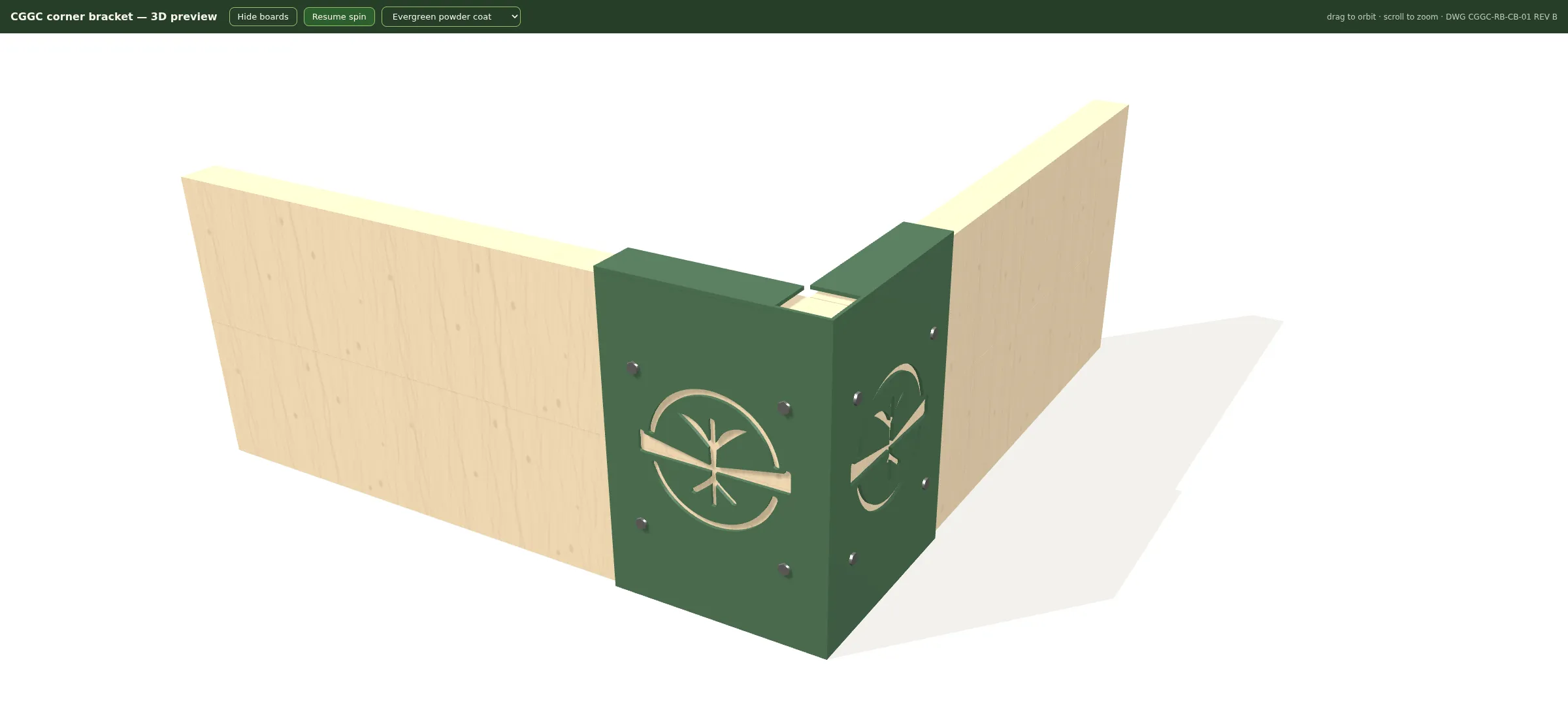 A 3D preview of the raised-bed corner bracket: an evergreen powder-coated steel angle joining two cedar boards at a right angle, six bolt heads visible, the company’s seedling mark embossed on both outer faces.