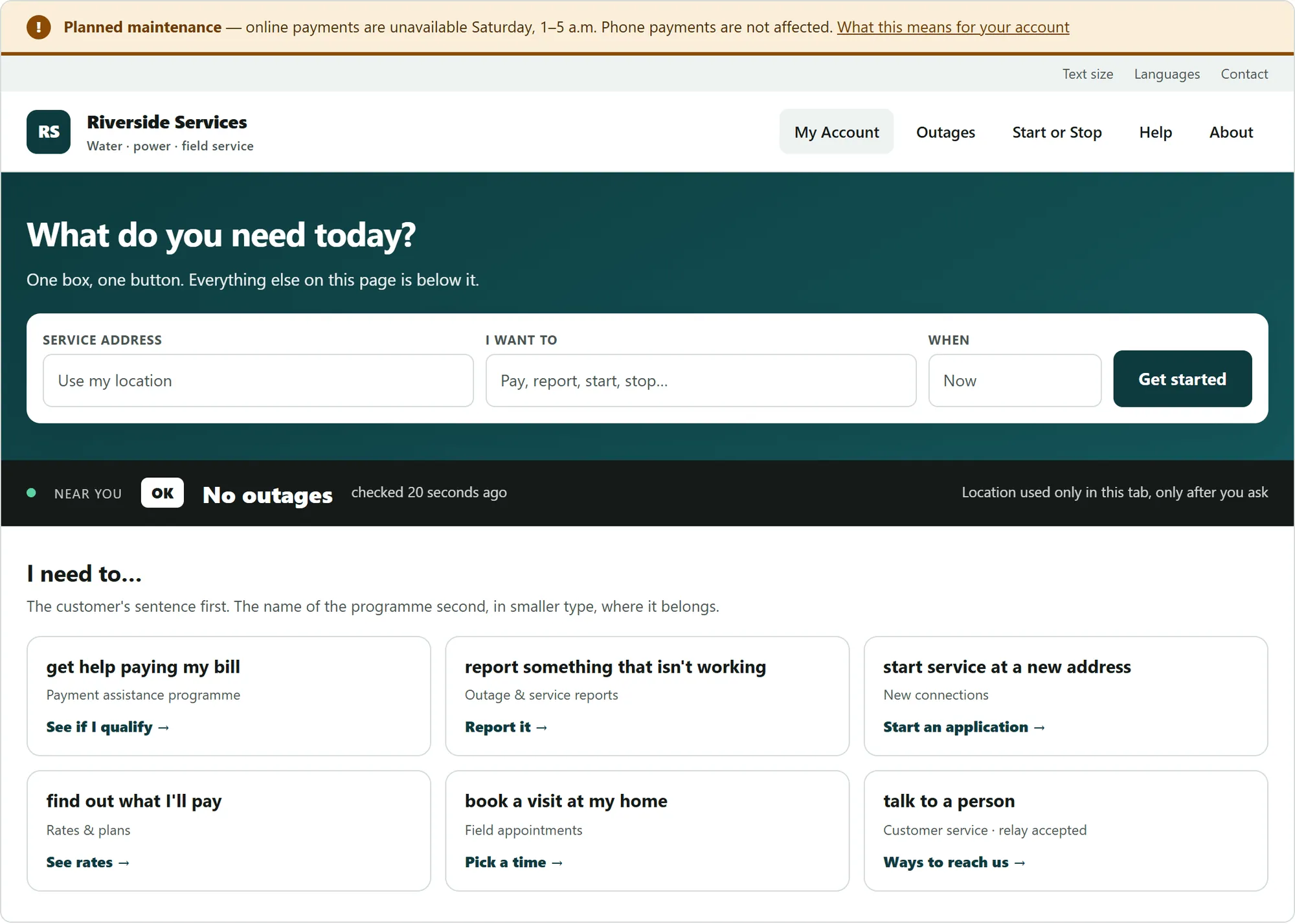 A service-provider homepage concept: a maintenance alert above the masthead, one hero with a single Get started button, and six task cards phrased as customer sentences.