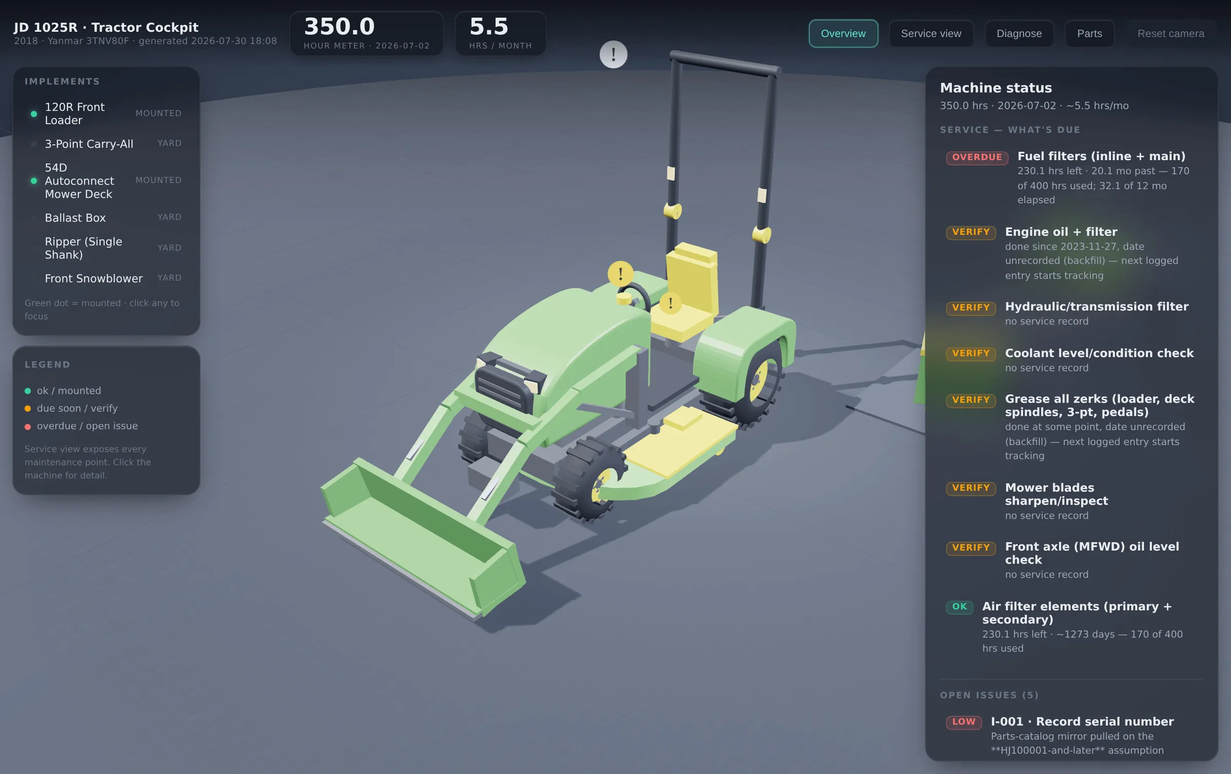 Actual tractor cockpit showing mounted implements and service items that need verification.