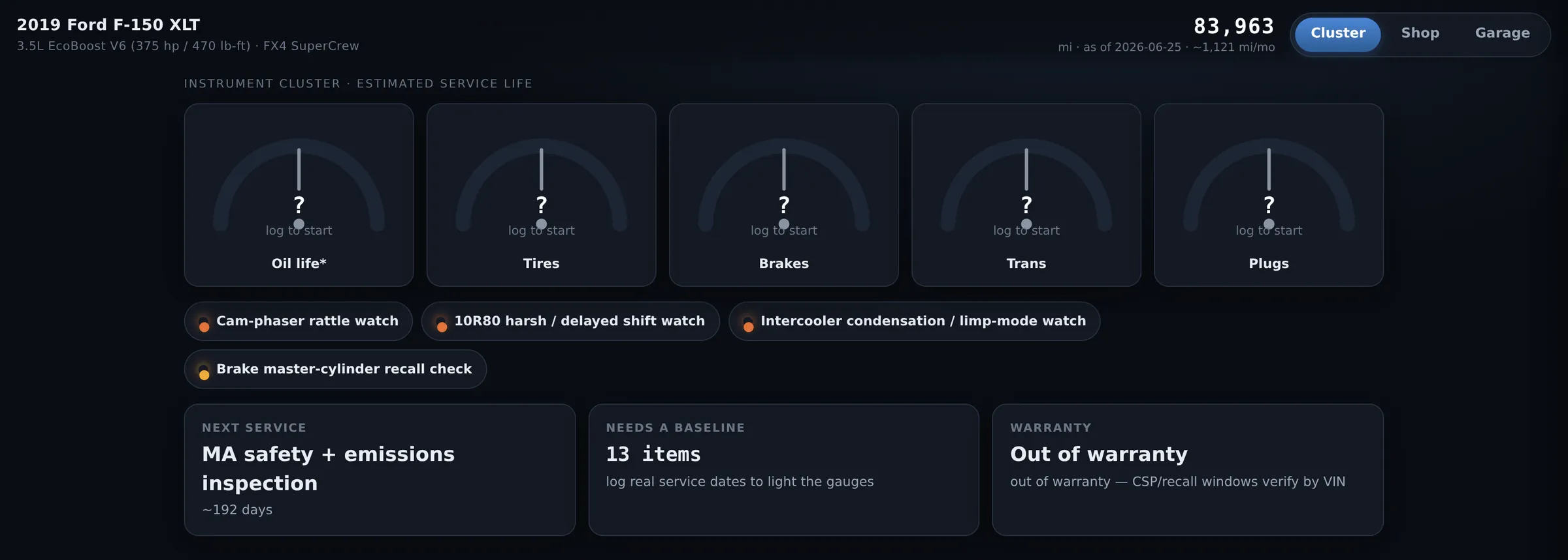 The truck's instrument cluster view. Five gauges — oil life, tires, brakes, transmission, plugs — every one reading a question mark over the words log to start. Below them four watch chips: cam-phaser rattle, 10R80 harsh or delayed shift, intercooler condensation, brake master-cylinder recall. Then three cards: next service, MA safety and emissions inspection in about 192 days; needs a baseline, 13 items, log real service dates to light the gauges; and out of warranty.