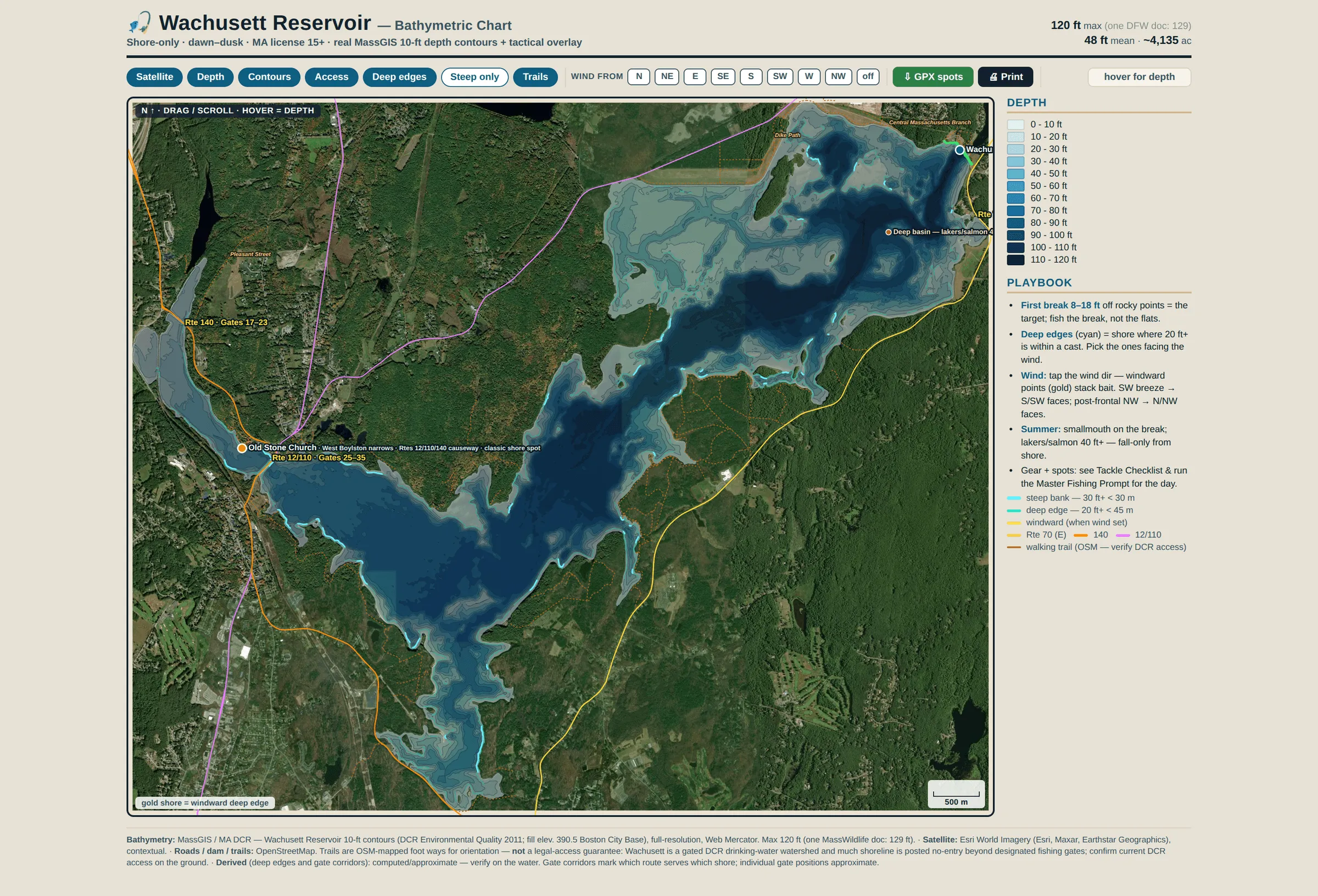 A bathymetric chart of Wachusett Reservoir. Twelve nested depth bands run from pale blue at the shoreline to near-black in the deep channel, over satellite imagery of the surrounding woods and roads. A control strip across the top toggles satellite, depth, contours, access, deep edges and trails. A right-hand panel lists the depth legend and a short playbook. A footer cites the survey, imagery and map sources.